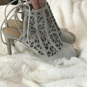 Gianni Bini Light Gray Laser-Cut Suede Lace-Up Heels